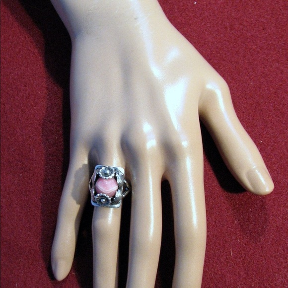 Vintage DANISH N.E. Pink rhodochrosite floral ring - Picture 6 of 7